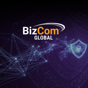 BizCom GLOBAL logo on a dark purple digital network background with a glowing shield icon.