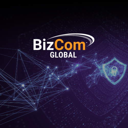BizCom GLOBAL logo on a dark purple digital network background with a glowing shield icon.